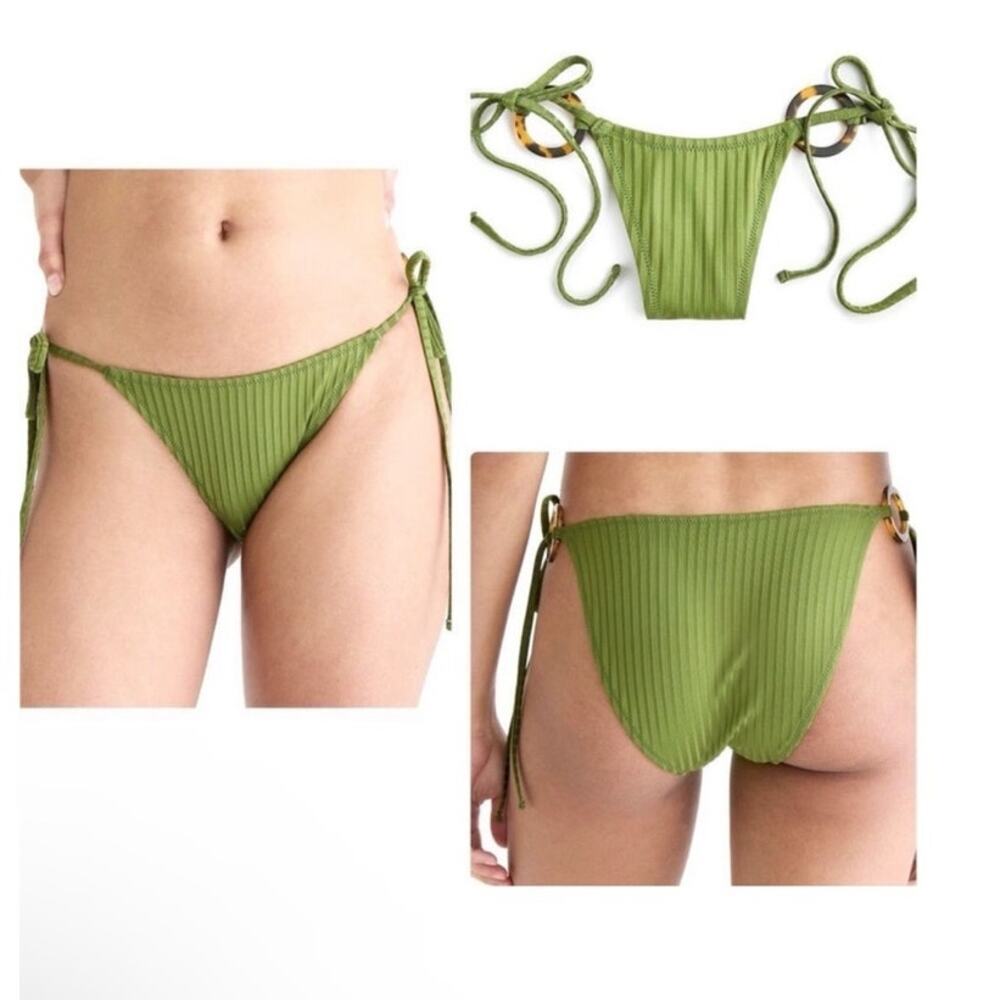 J. Crew Wide-Rib Curved-Waist Cheeky String Bikini Bottom W/ Rings Sz‎ M NEW